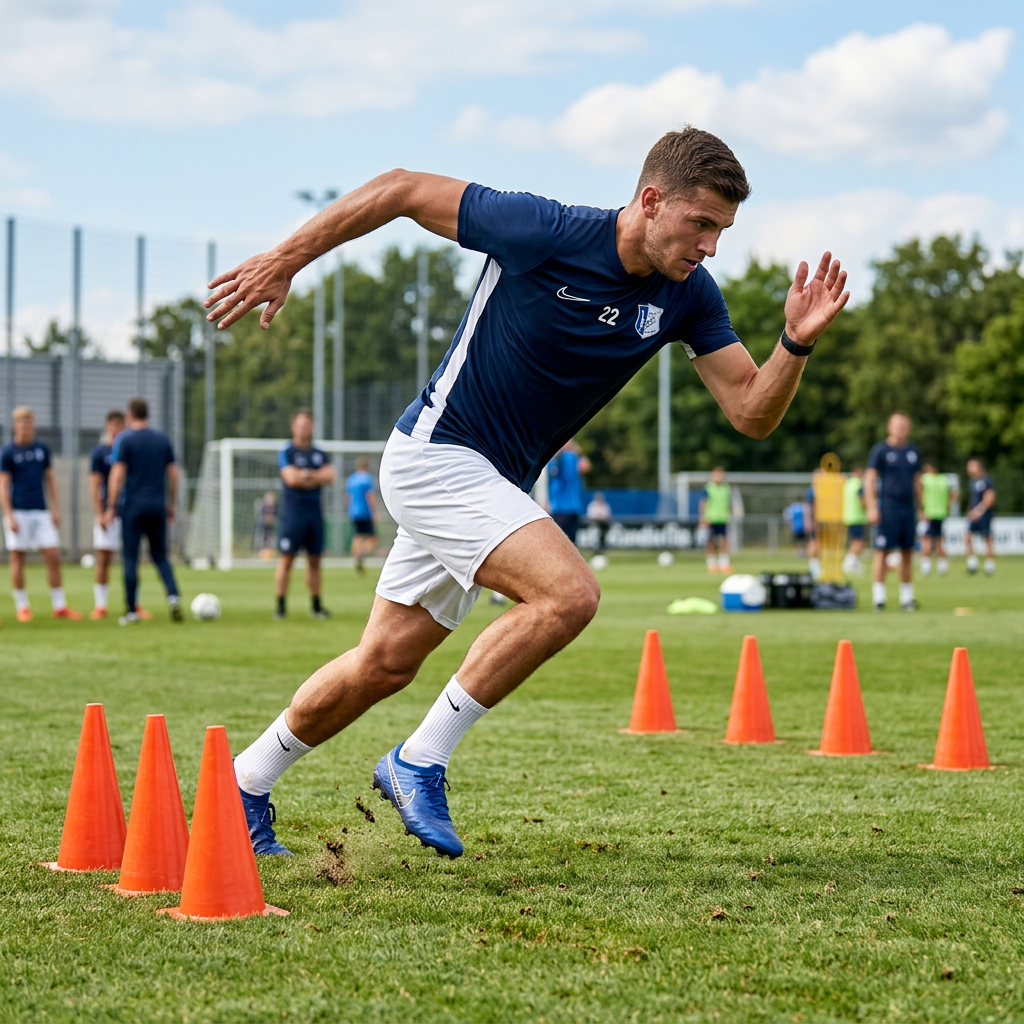 Male soccer player running fast through orange training cones on grass field