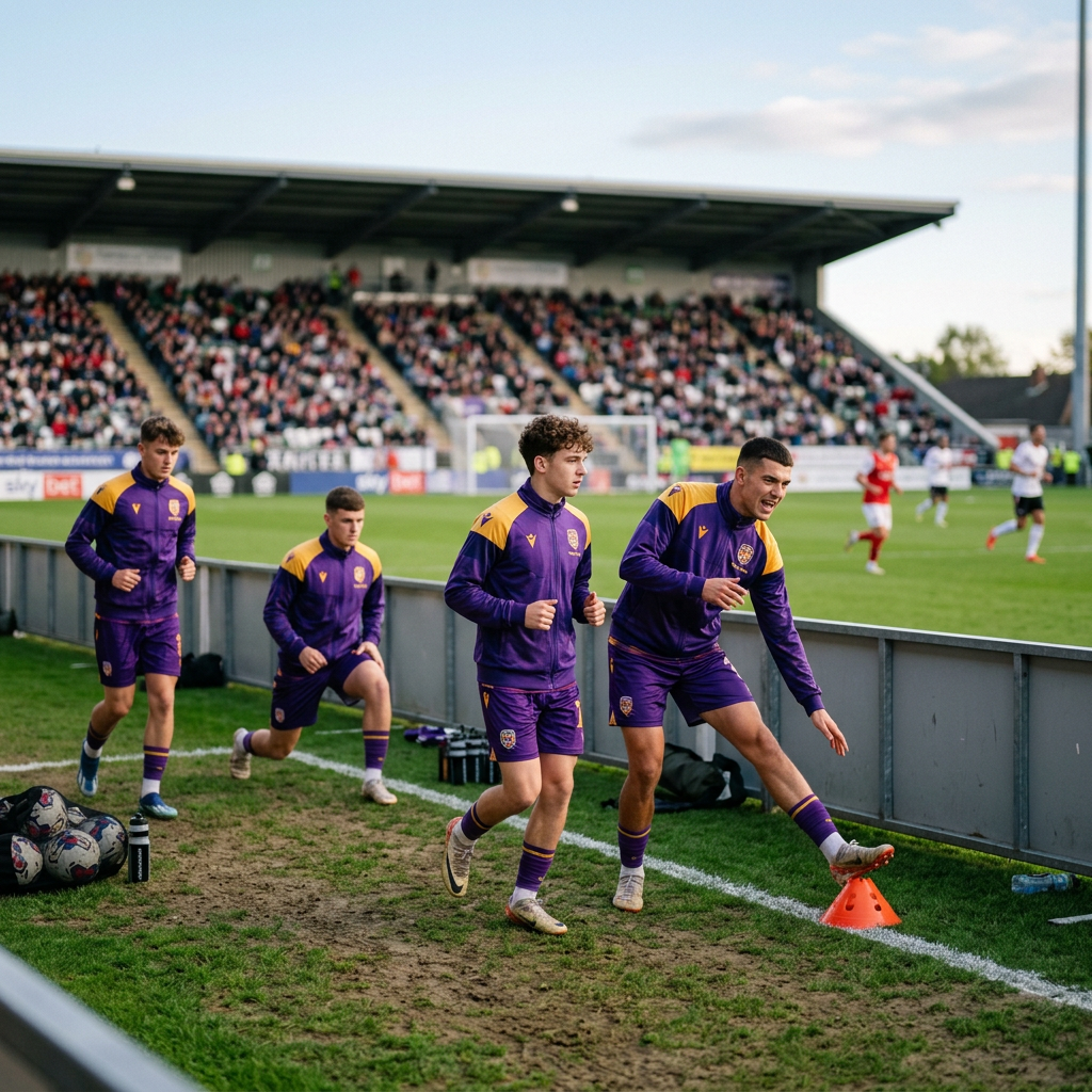 Four soccer players in purple and yellow warm-up jackets and shorts stretching and jogging beside a soccer field