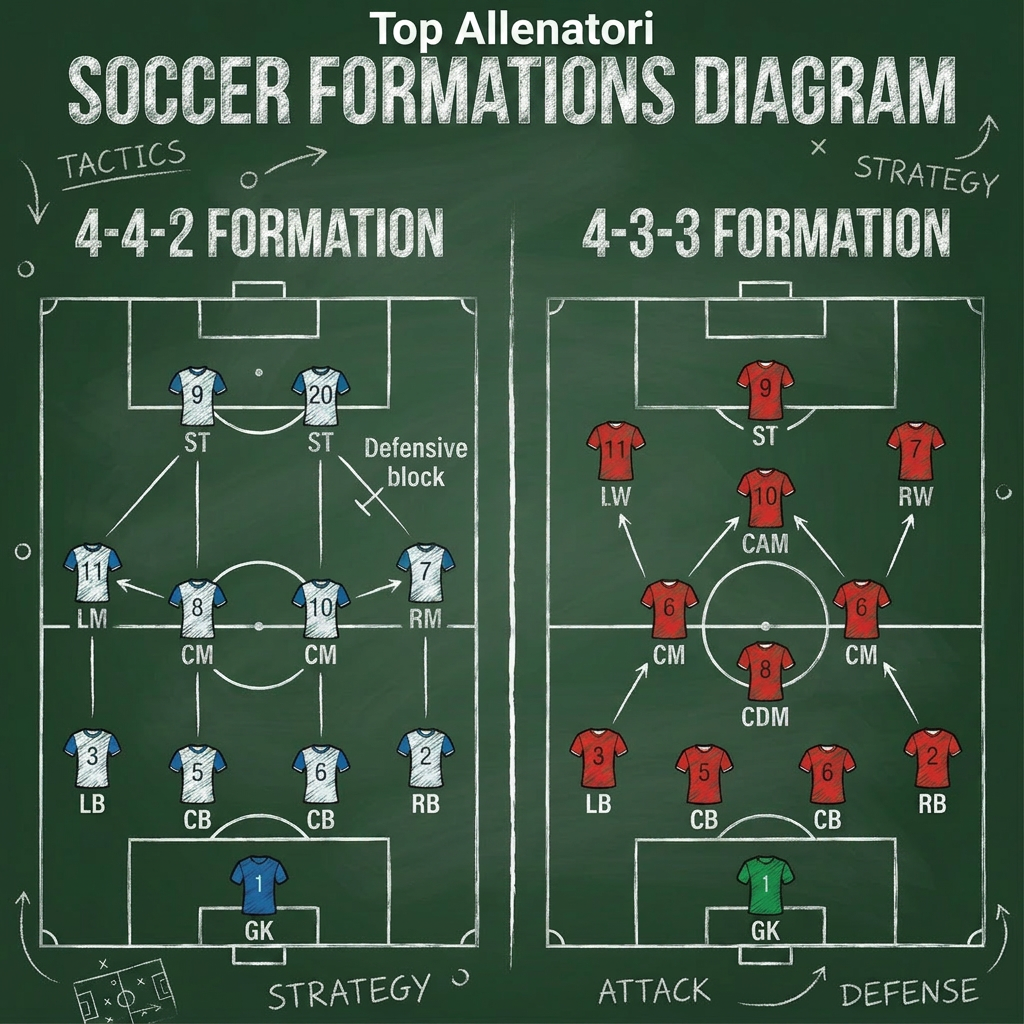Diagrams of 4-4-2 and 4-3-3 soccer formations with player positions and tactics