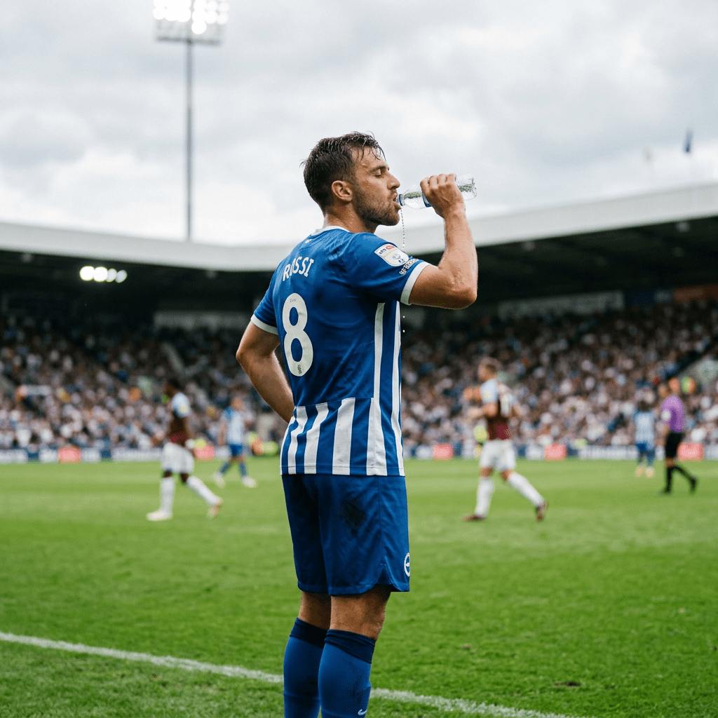 Football player in blue jersey drinking water during a match