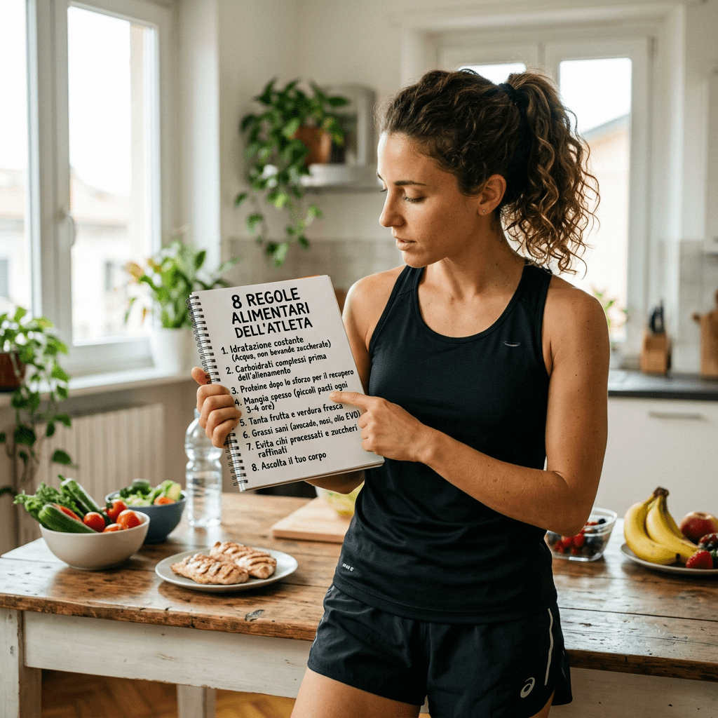 Athlete holding Italian poster titled “8 REGOLE ALIMENTARI DELL’ATLETA” with eight nutrition rules: hydrate, eat complex carbohydrates before training, consume protein after exercise, eat small meals every three to four hours, choose fresh fruit and vegetables, eat healthy fats, avoid processed foods and refined sugars, and listen to your body.